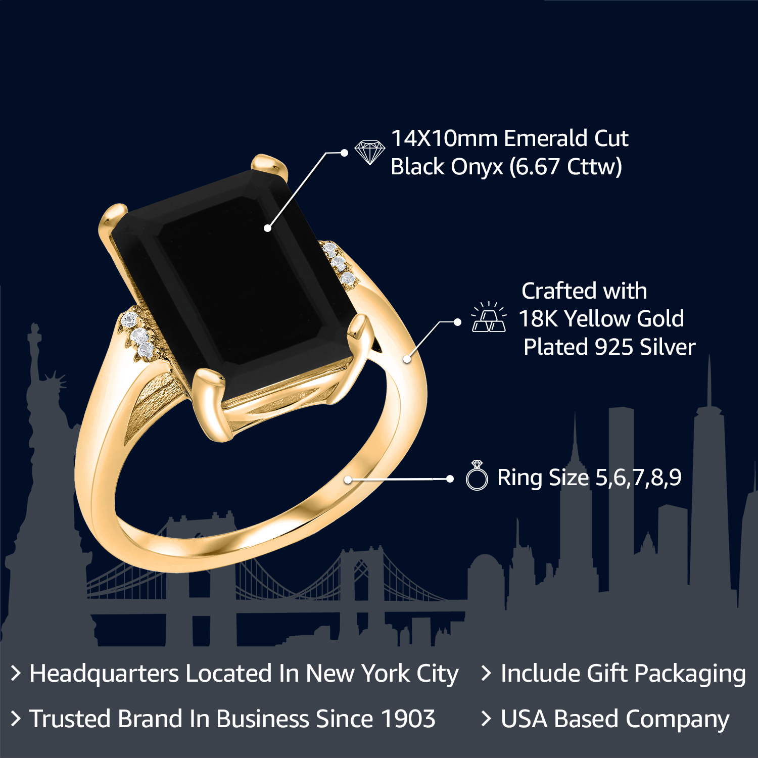 Gem Stone King 6.67 Cttw Black Onyx Engagement Ring for Women | 18K Yellow Gold Plated Silver| Emerald Cut 14X10MM | Gemstone December Birthstone | Size 6
