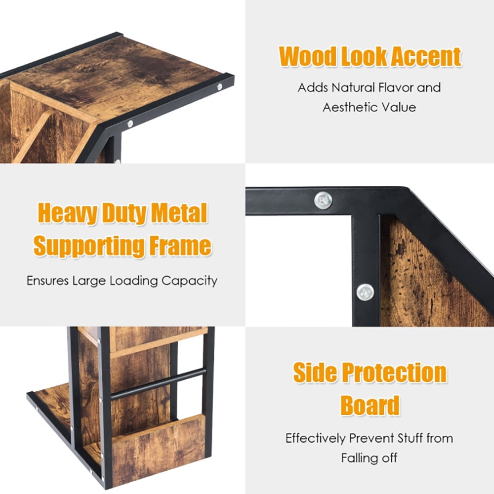 Finihen End Table, Industrial C-Shape Snack End Table with Storage Space, Sofa Side Table, Bed Side Table, for Living Room, Bedroom, Brown Finihen End Table, Industrial C-Shape Snack End Table with Storage Space, Sofa Side Table, Bed Side Table, for Living Room, Bedroom, Brown