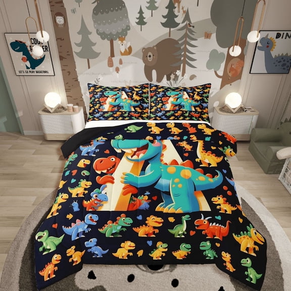 Dinosaur Comforter Set Twin Size Cute Cartoon Animal Bedding Sets Kawaii Dinosaur Print Bedding Comforter Sets Lovely Dino Decor Down Comforter Teal Dinosaur Duvet Insert