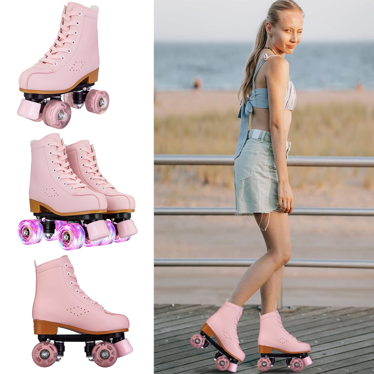 EONROACOO Roller Skates for Women Girls with Light up Wheels, Adult Pink Skates(Women 10/Men 8.5)