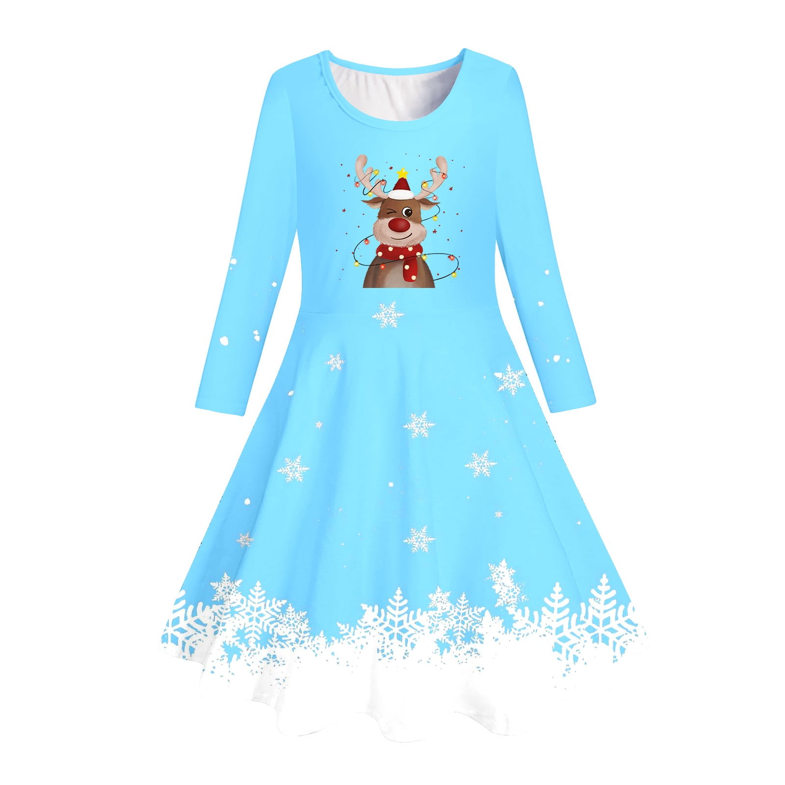 Robe Bébé Arbres De Noël Imprimé Cerf Manches Longues Robe De Princesse Pour Filles Bleu Clair 8 9 Ans