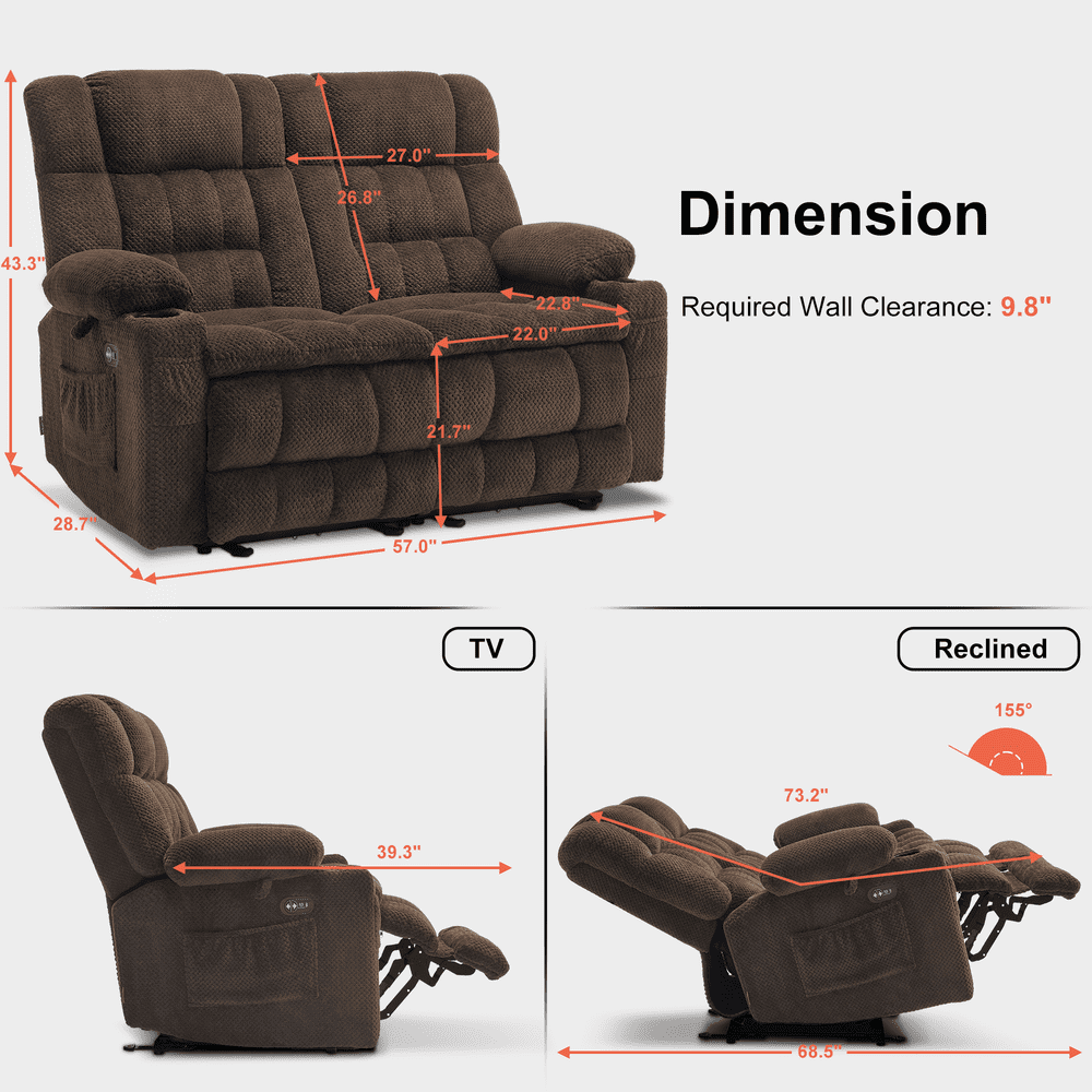 MCombo 57" Power Loveseat Recliner Sofa, Reclining Seating with Heat Vibration for Living Room, Fabric, Brown
