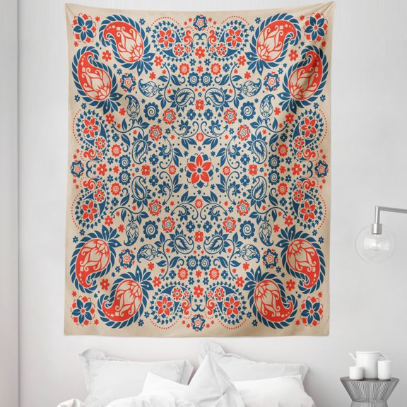 Paisley Tapestry, Floral Ornate Pattern Cultural Folk Persian Middle Eastern, Fabric Wall Hanging Decor for Bedroom Living Room Dorm, 5 Sizes, Night Blue Orange Tan, by Ambesonne