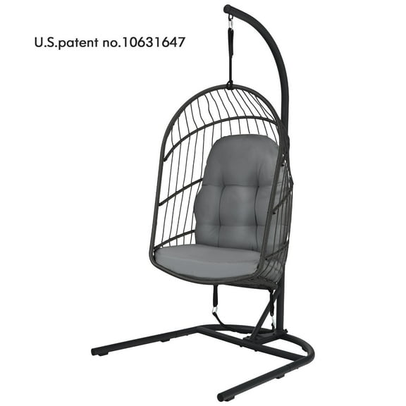 Patiojoy Modern Rattan Hanging Egg Swing Chair w/Stand Foldable Cushioned Hammock Gray