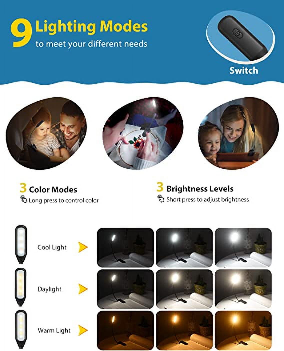 Topelek USB Rechargeable Book Light, 3 Color Temperatures, 60 Hours Battery Life