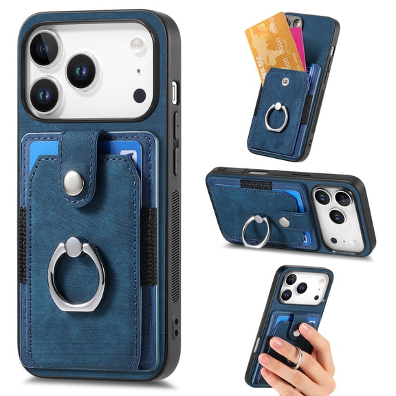 Allytechgroup Wallet Case for iPhone 17 Pro Max with Card Holder, 360°Rotation Ring Stand, Support Car Mount, PU Leather Full Body Shockproof Slim Anti-Drop Women Men Protective Cover, Blue