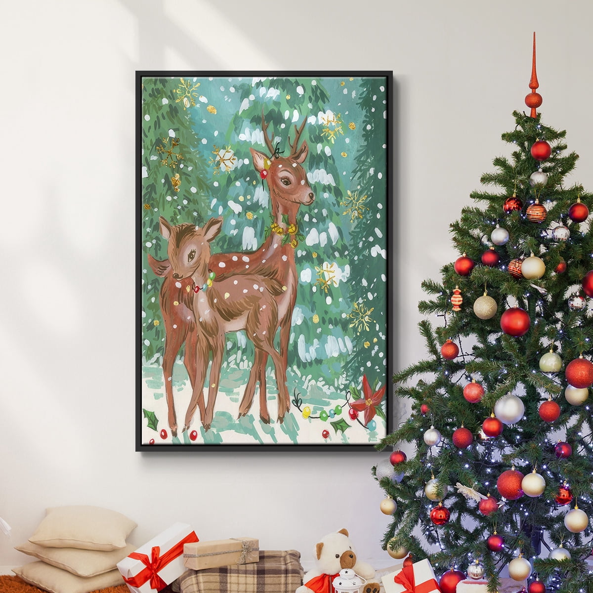 Doe and Fawn II - Framed Gallery Wrapped Holiday Canvas - 27 x 41 - Black Frame
