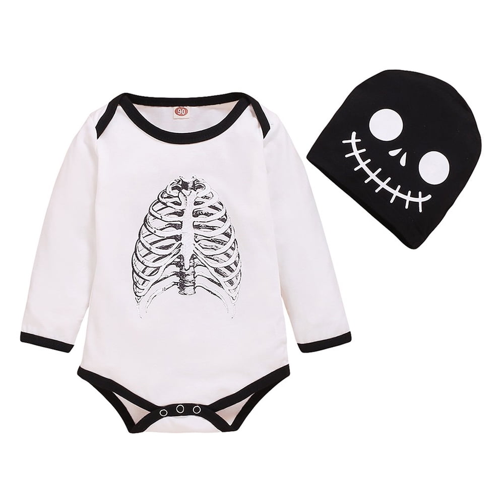 Halloween Baby Boy Girl Long Sleeve Skeleton Print Romper Hat Party Outfits Set 