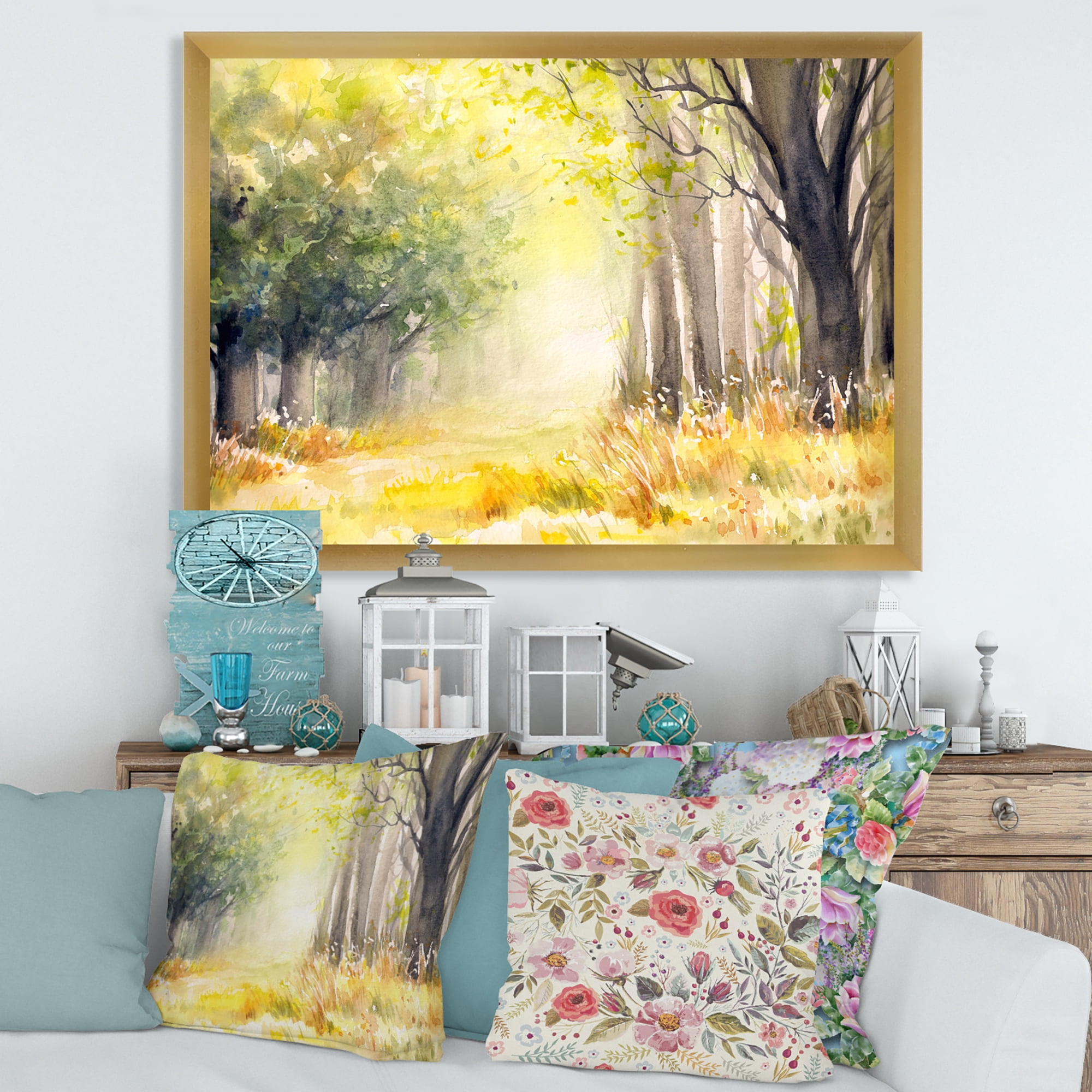 Designart 'Bright Sunshine Through The Yellow Forest Trees III' Traditional Framed Art Print