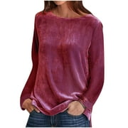Women's Vintage Velvet Crew Neck Long Sleeve Top Blouse Velour Pullover Elegant Casual Solid Color Shirts Tees Tunic