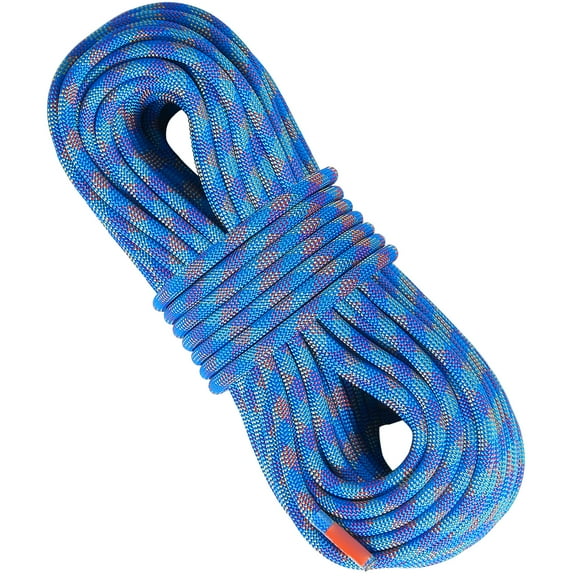 KFFKFF 10.2mm Dynamic Rope, 50M Stretchable Fiber for Climbing, 25KN Tension, Includes Steel Hooks for Rappelling, Escape, Fire Rescue, Blue