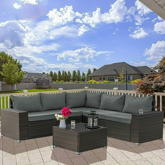 Gotland Outdoor Patio Furniture Set 6 Piece Sectional Rattan Sofa Set Rattan Wicker Patio Conversation Set with 5 Seat Cushions and 1 Tempered Glass Table,Grey