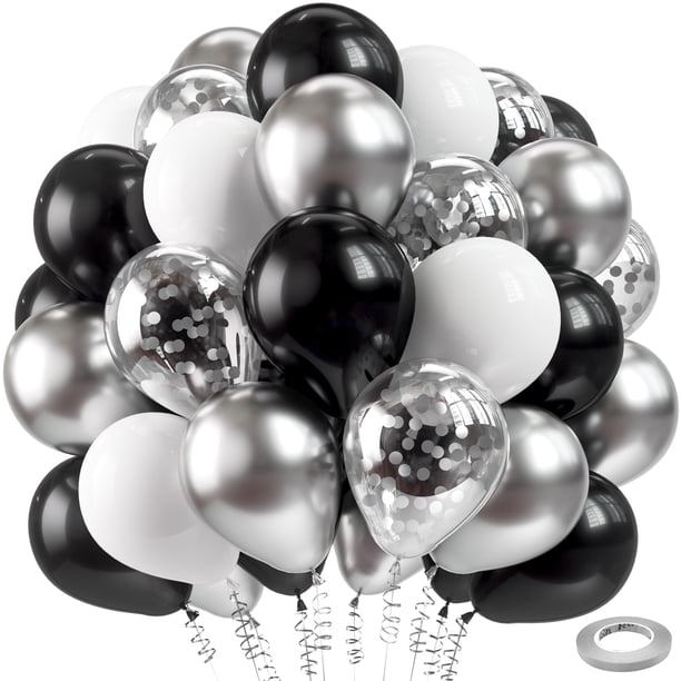 Globos de látex Bezente con confeti negro y plateado, 60 unidades, 30 cm