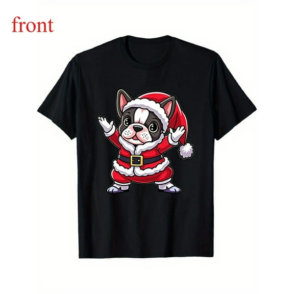 Women's Christmas T-Shirt, Cute Santa Frenchie Graphic Tee, Holiday Dog Lover Top, Xmas Party Outfits, Graphic Tops，Fashion，cotton，black，S-5XL