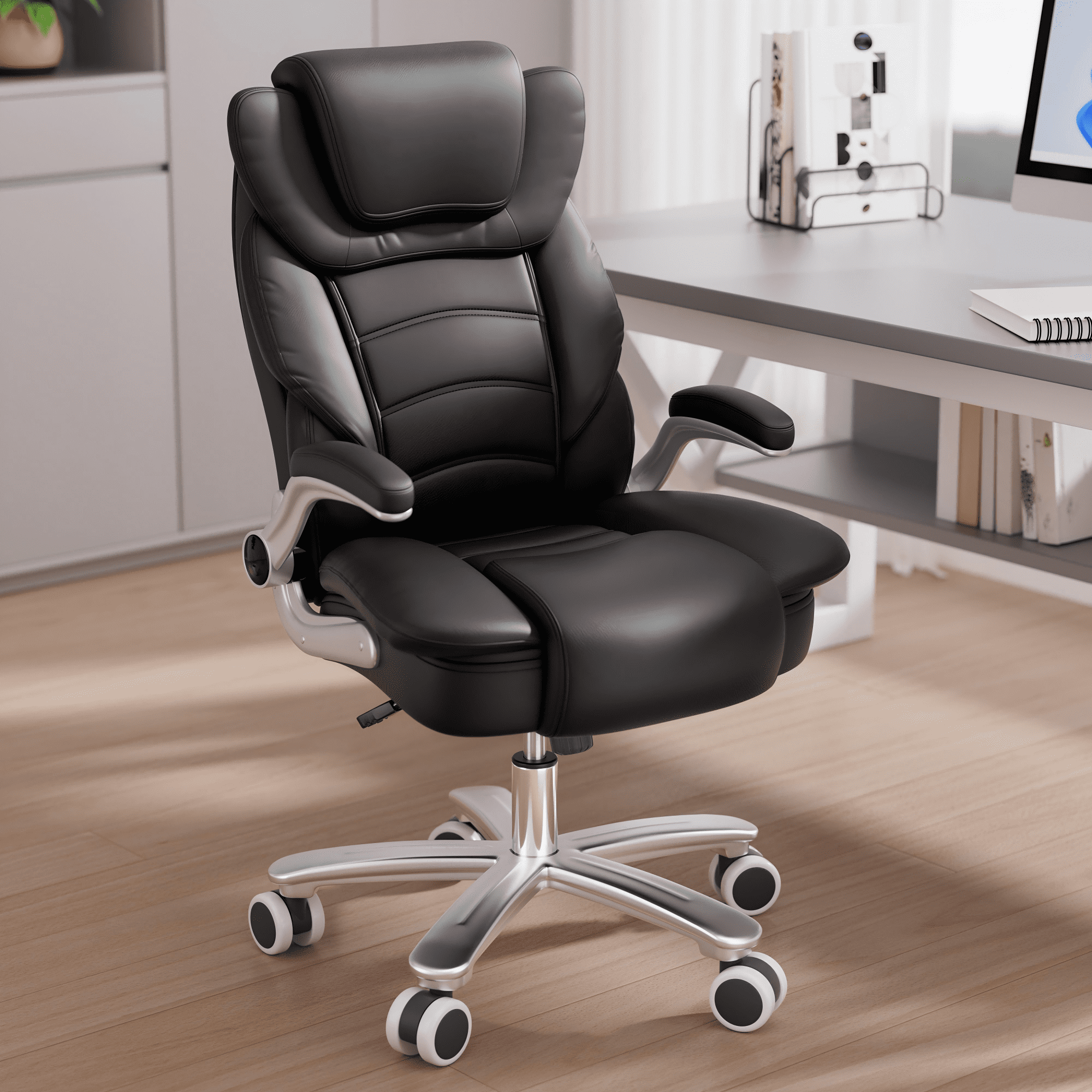 HomeZeer Big and Tall Office Chair 400lbs, High Back Leather Executive Office Chair with Adjustable Armrest, Modern Ergonomic Office Chair with Wide Seat and Lumbar Support, Black