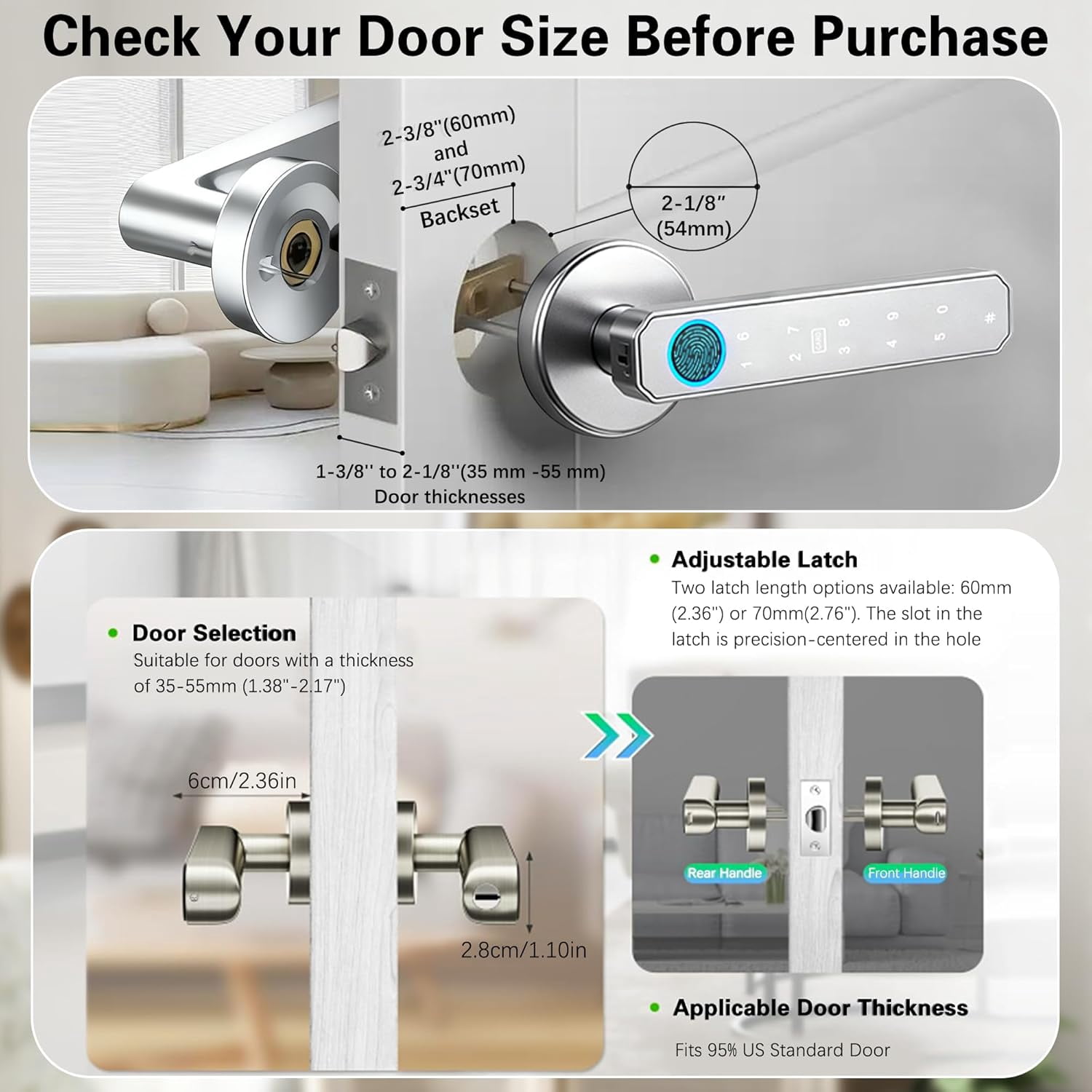 Fingerprint Door Lock, 5-in-1 Smart Door Knob, Keyless Entry with Passcode Keypad & Handle, APP Control for Bedroom, Office, Apartment (Silver)