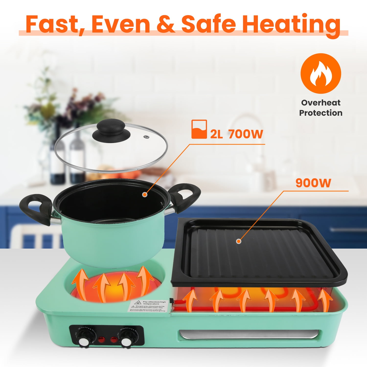 Imountek 3 in 1 Hot Pot with Grill & Fry, 1600W Electric Hot Pot with Grill Smokeless Non-Stick, Dual Temp Control for 3-5 People, Green