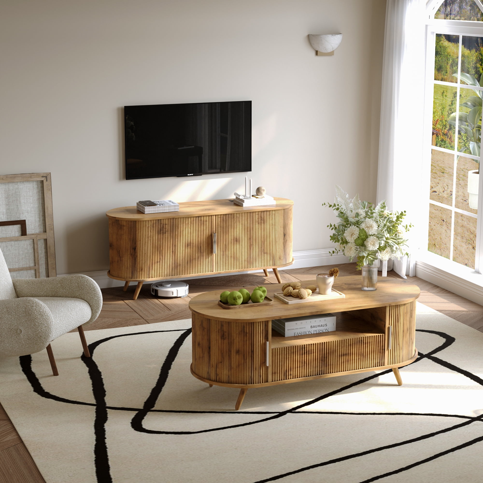 50 inch TV Stand with Power Outlet, Fluted Entertainment Center for TVs Up to 55 inch, Modern TV Console with Large Storage & Sliding Doors, Media Console for Living Room/Bedroom, Nature Oak