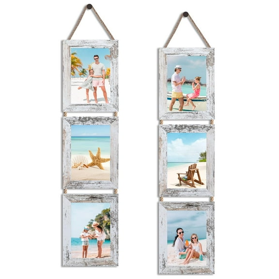 3 Opening Vertical 5x7 Photo Frames, Rustic Hanging Collage Frame Set for Wall Decor, Distressed White, Showcase Family Pictures, 2 Pack White
