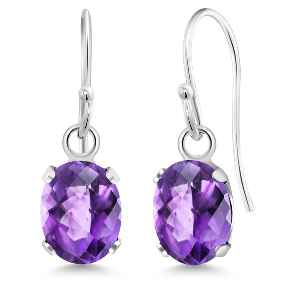 Gem Stone King 925 Sterling Silver Purple Amethyst French Wire Dangle Hook Earrings for Women (1.50 Cttw, Gemstone February Birthstone, Oval Checkerboard 7X5MM)