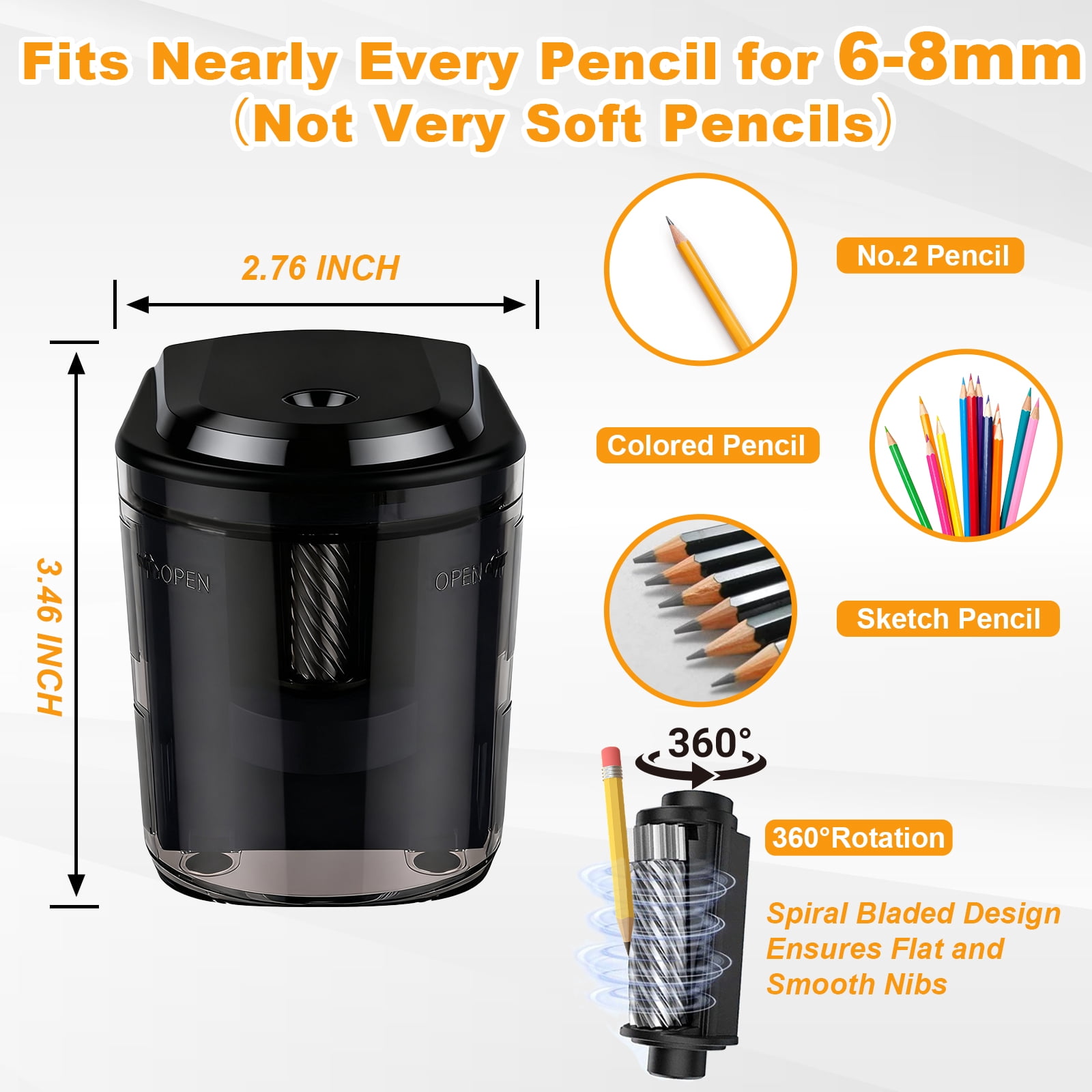 JILhome Heavy-Duty Electric Pencil Sharpener, Helical Blade Pencil Sharpener, Auto Stop Pencil Sharpener for No.2/Colored Pencils(6-8mm), Plug In Pencil Sharpener for Home, Office, Teacher, Black