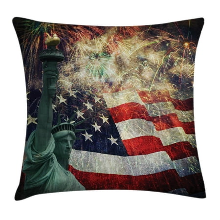 American Flag Decor Throw Pillow Cushion Cover, Composite Photo of States Idols with Fireworks on Background 4th of July, Decorative Square Accent Pillow Case, 18 X 18 Inches, Multi, by