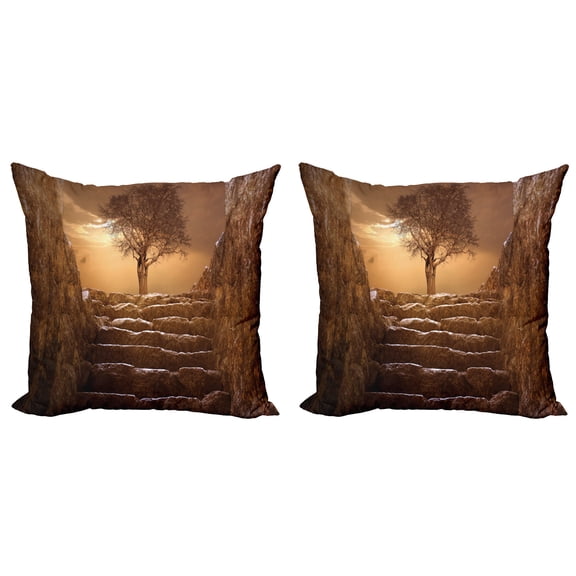 Ambesonne Tree Throw Pillow Cover 2 Pack, Brown Sky Sunset Cloudy, 16", Brown