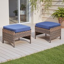 Planntonneo Wicker Ottoman Set of 2, Rattan Footrest Footstool Patio Furniture with Removable Blue Cushion
