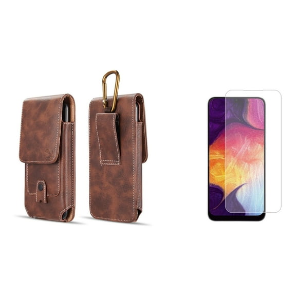Holster and Screen Protector Bundle for Nokia C100: Vertical Magnetic Belt Pouch Case (Brown) and (2-Pack) Tempered Glass Shield