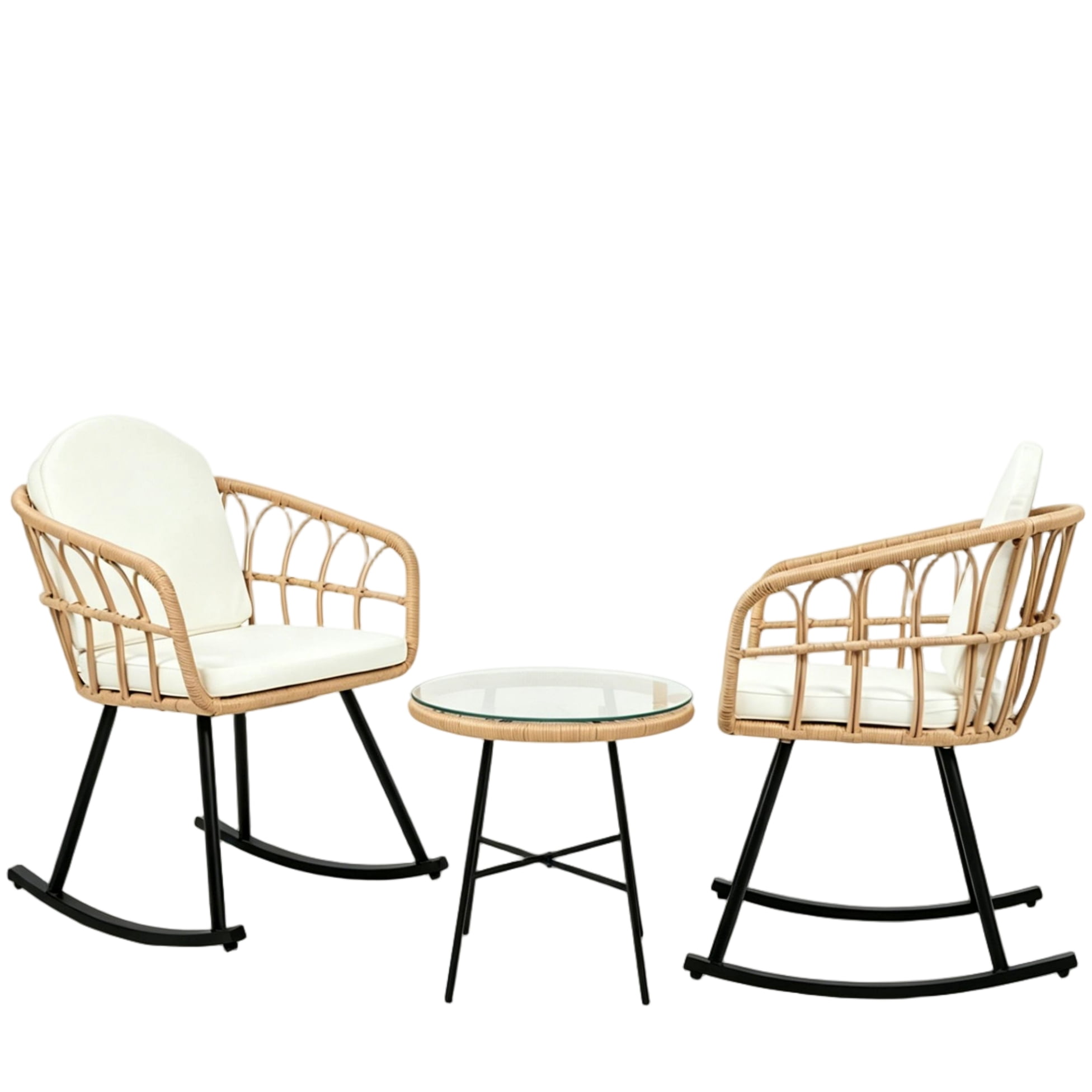 LAZZO 3-Piece Patio Conversation Set, Outdoor Wicker Rocking Chair Set with Cushions and Table, Beige