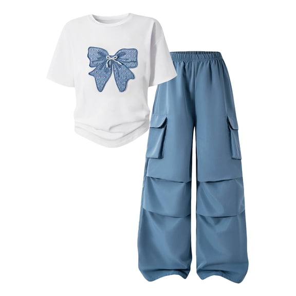 GXWEA Cute Clothes For Girls Girls Fashion Outfit Bow Print Short Sleeve Blue Cargo Wide Leg Pants 2 Piece Set(12-13 Years,Blue)