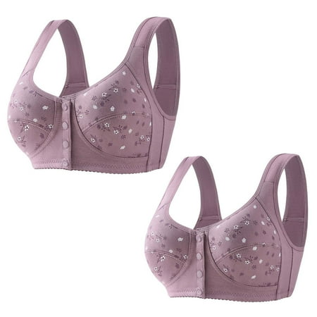 2PC Women Wireless Bras Comfort Back Support Floral Lace Bra Adjustable Wider Straps Full Coverage Lift Up Minimizer Bras Purple 4 42C