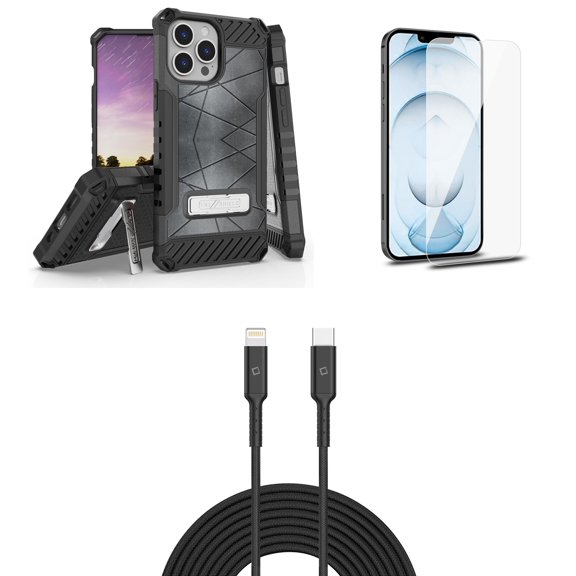 Bemz iPhone 13 Pro Max Bundle: Tri Shield Shockproof Armor Rugged Case (Abstract Grey), Premium Glass Screen Protectors (2-Pack), USB-C to Lightning Cable (3.3ft/1m)
