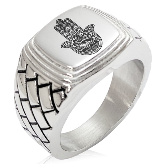 Stainless Steel All Seeing Eye Hamsa Hand of Fatima Geometric Pattern Step-Down Biker Style Polished Ring