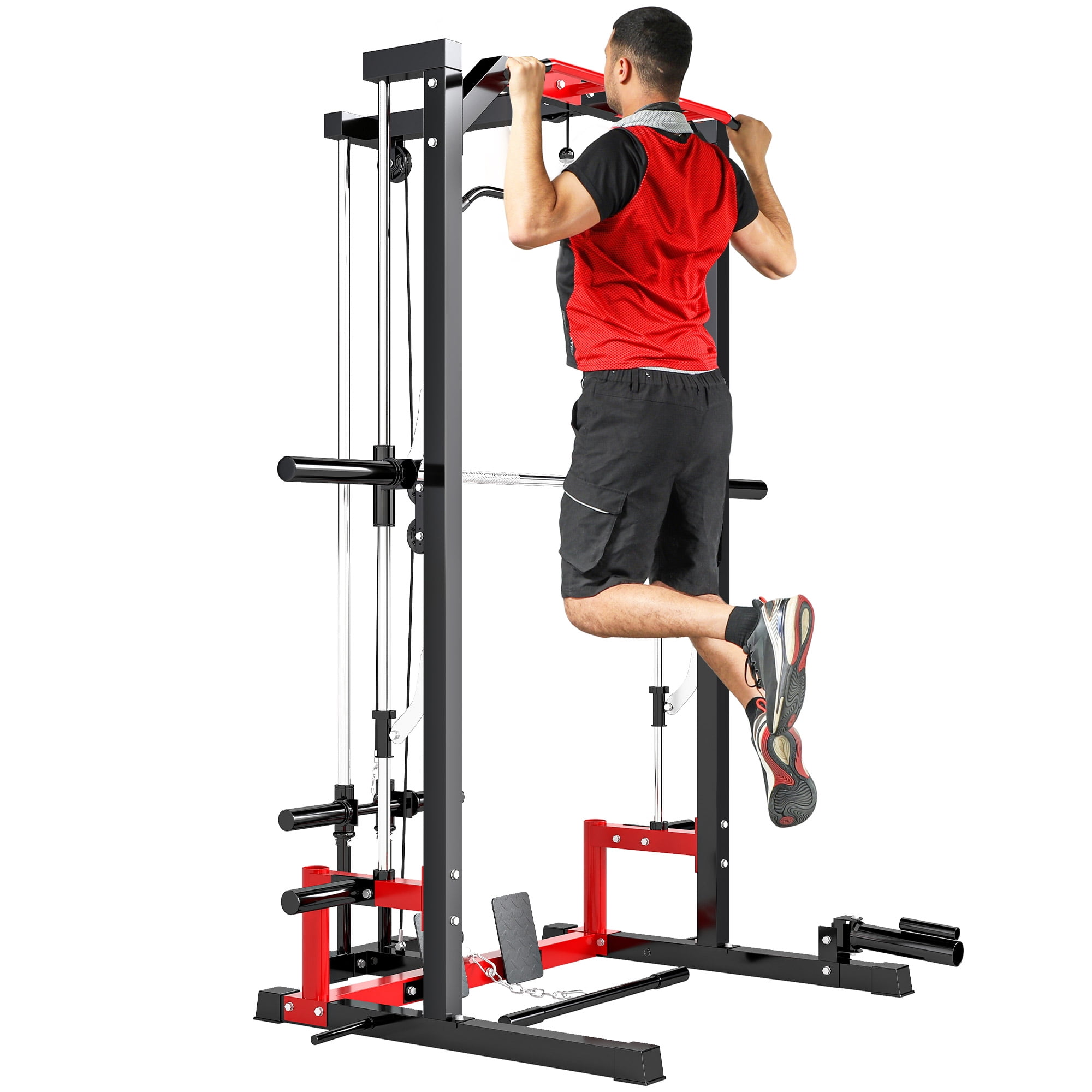 Soozier Multi-Function Smith Machine Power Rack with Pull Up Bar, Lat Pull Down System, Landmine, Squat Rack, Barbell Bar, for Home Gym