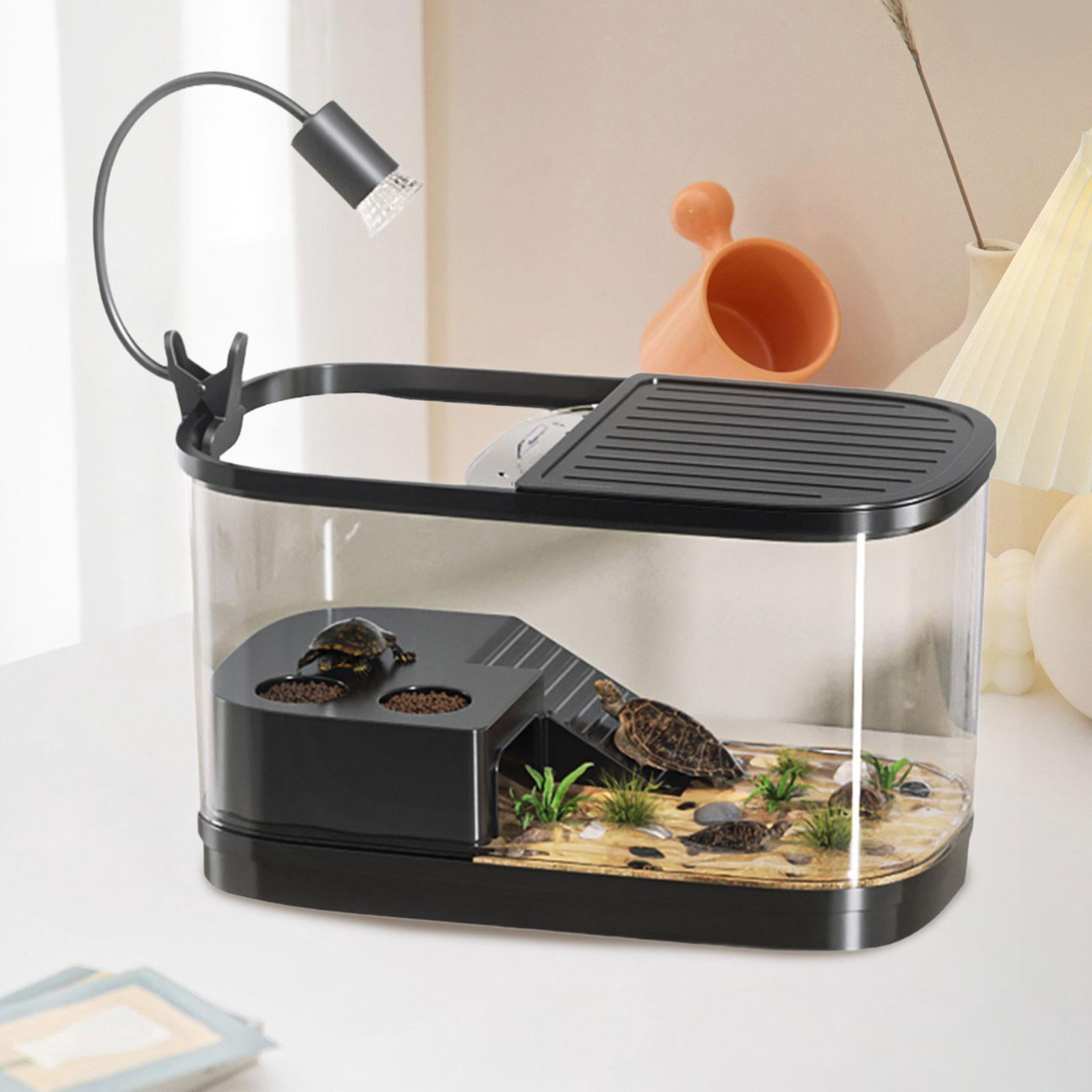 oshhni Turtle Tank with Covers with Platform for Bearded Dragon Terrapin Amphibians Black Medium