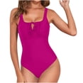 thumbnail image 3 of QIUOMBBP Women's One Piece Bathing Suit Cutout Front Striped Tummy Control Swimsuits High Cut Pool Parties Swimwear Hot Pink L, 3 of 5