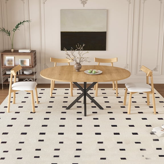 Extendable Round Dining Table Set for 2-6 Person, 43 to 58 Inch Oak Finish Expandable Table with Carbon Steel Base & 4 Solid Wood Chairs, Modern Space Saving Dining Room Furniture