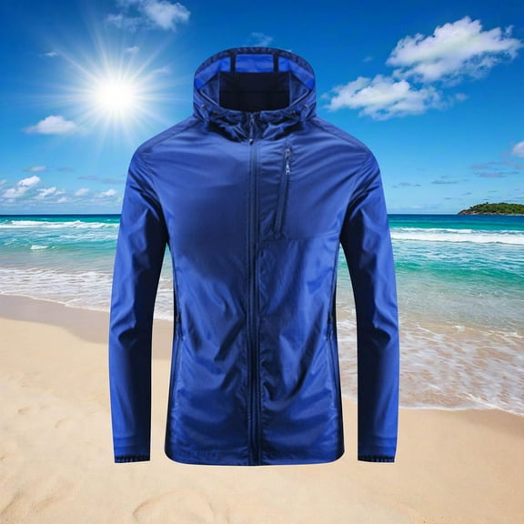 BADHUB Men's 2025 Summer Waterproof Outdoor Hooded Jacket with Pockets Sun Protection Long Sleeve Lightweight Hiking Fishing Hooded Top Blue