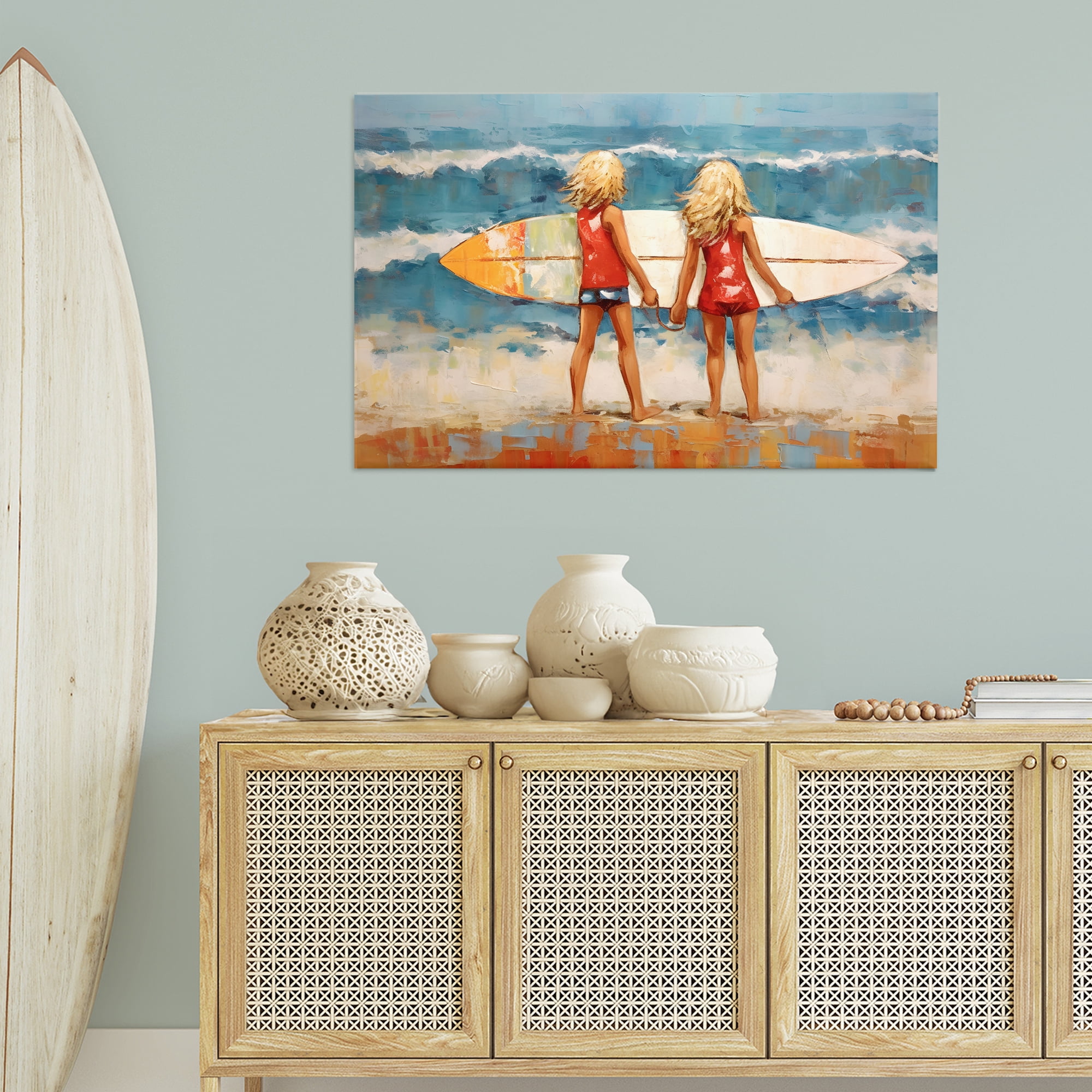 Stupell Industries Siblings with Surfboard People Painting Wrapped Canvas Art Print Wall Art, 45 x 30