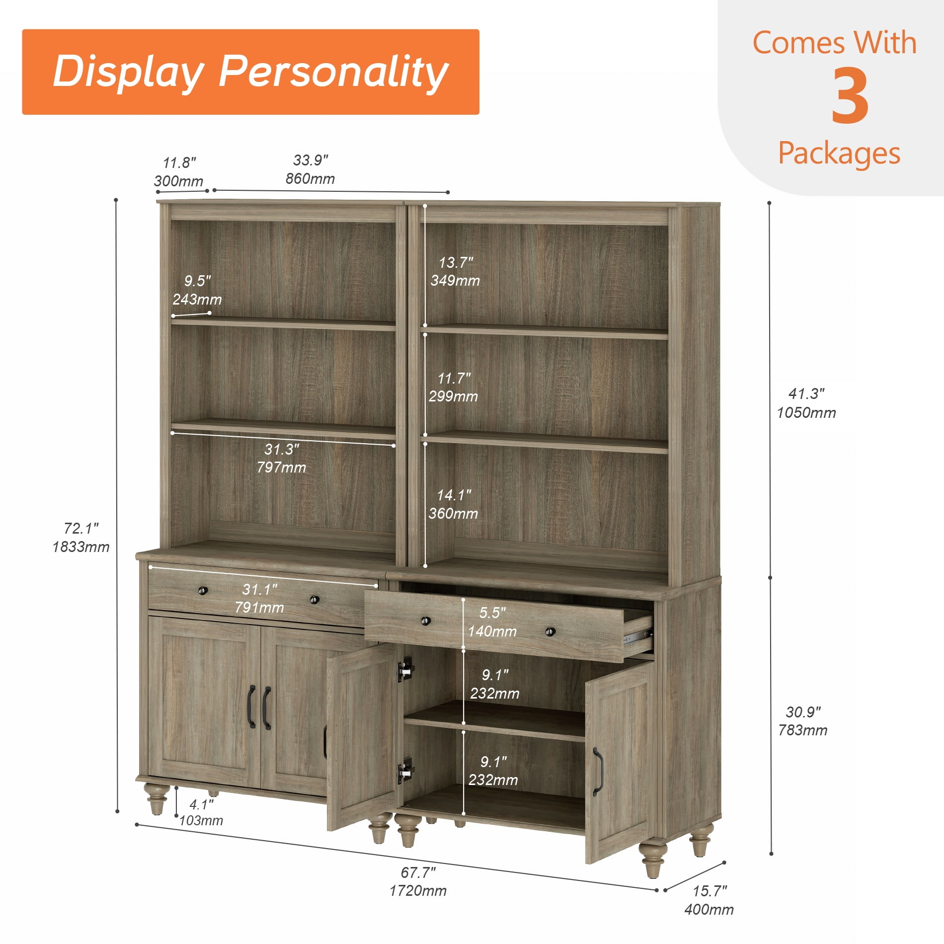 Farmhouse 5 Tier Bookcase With 2 Drawers and 4 Doors, Wash Gray, 67.7" W