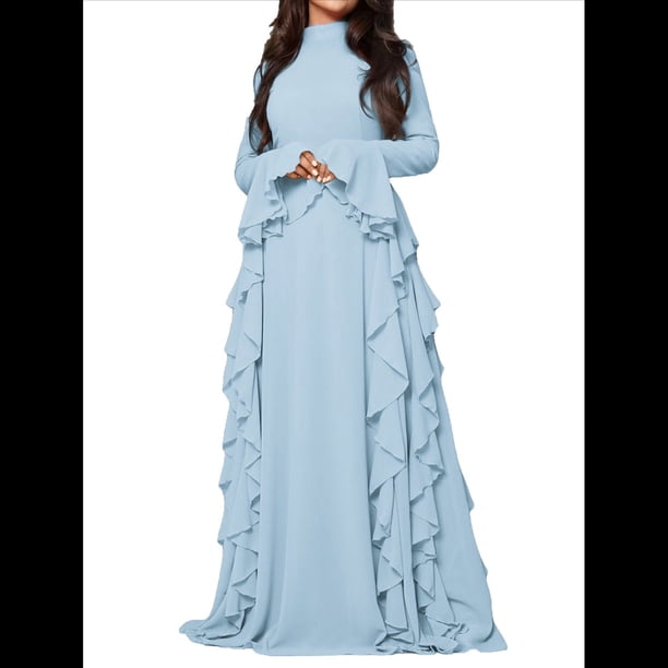 Vestidos Ajustados para Mujer, Elegantes Vestidos Largos de Cóctel con Mangas Acampanadas y Dobladillo con Volantes. Azul L
