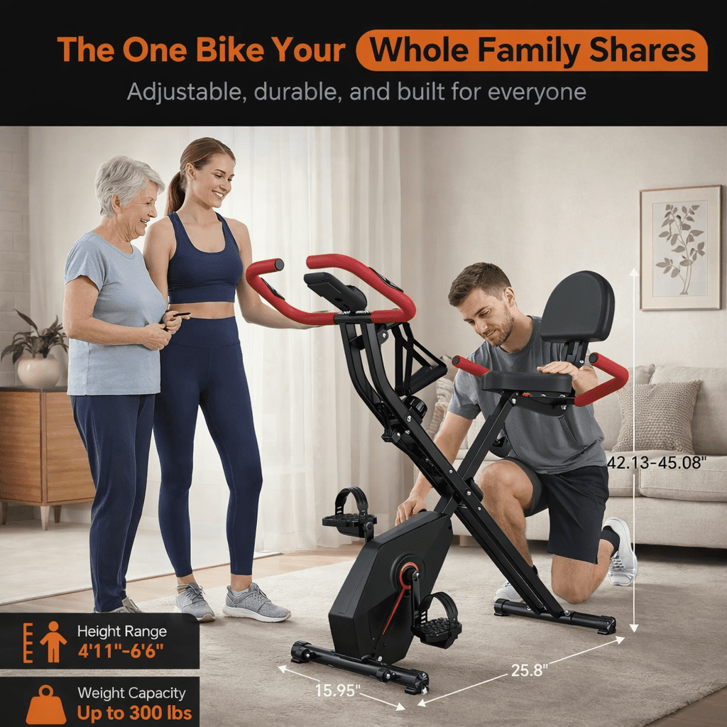 USLIM Foldable Exercise Bike for Home with Arm Resistance Bands, Quiet Magnetic Stationary Bike, LCD Monitor, 300 lb Capacity