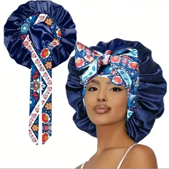 Printed Satin Sleeping Bonnet for Women – Adjustable Elastic Hair Cap for Nighttime, Soft & Breathable Polyester Sleep Hat
