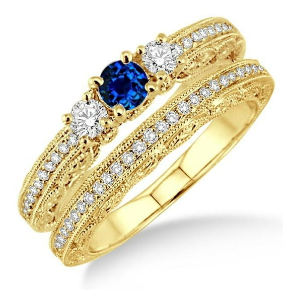 Classic Art Deco 6mm Round shape 2 Carat Blue Sapphire And Moissanite Diamond Engagement Ring Antique Milgrain Bridal Set on 10k Yellow Gold