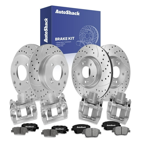 AutoShack Front & Rear Drilled & Slotted Brake Rotors Ceramic Brake Pads Calipers | Replacement for 2011-2015 Hyundai Sonata 2011-2015 Kia Optima | Silver Matte Finish | 16-PC Brake Kit | TurboGuard
