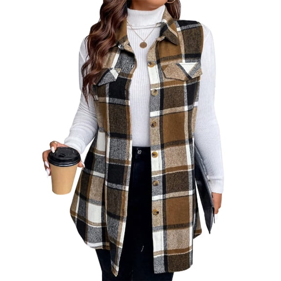 Cuteduck Womens Plus Size Sleeveless Plaid Vest Wool Blazer Jackets Cardigan Outerwear Fall Winter Tops 1X-4X
