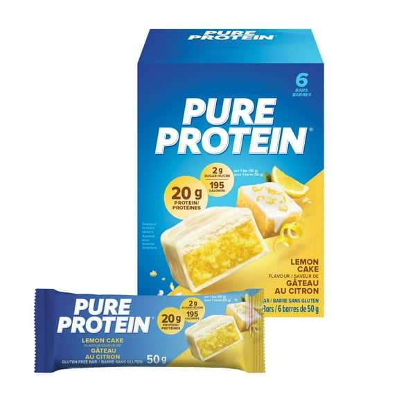 Barres de gâteau au citron Pure Protein - 20 g de protéines, faible en sucre, collation sans gluten avec un mélange de whey, fabriquées au Canada, 6 x 50 g
