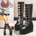 thumbnail image 3 of Bottes de Cosplay pour Femmes à Plusieurs Rangées avec Boucle de Ceinture, Tige Longue, Bottes de Chevalier en Cuir, Punk Gothique Classique, Chaussures à Talons Hauts Noires, Hauteur Genou, FWZ, 3 of 6