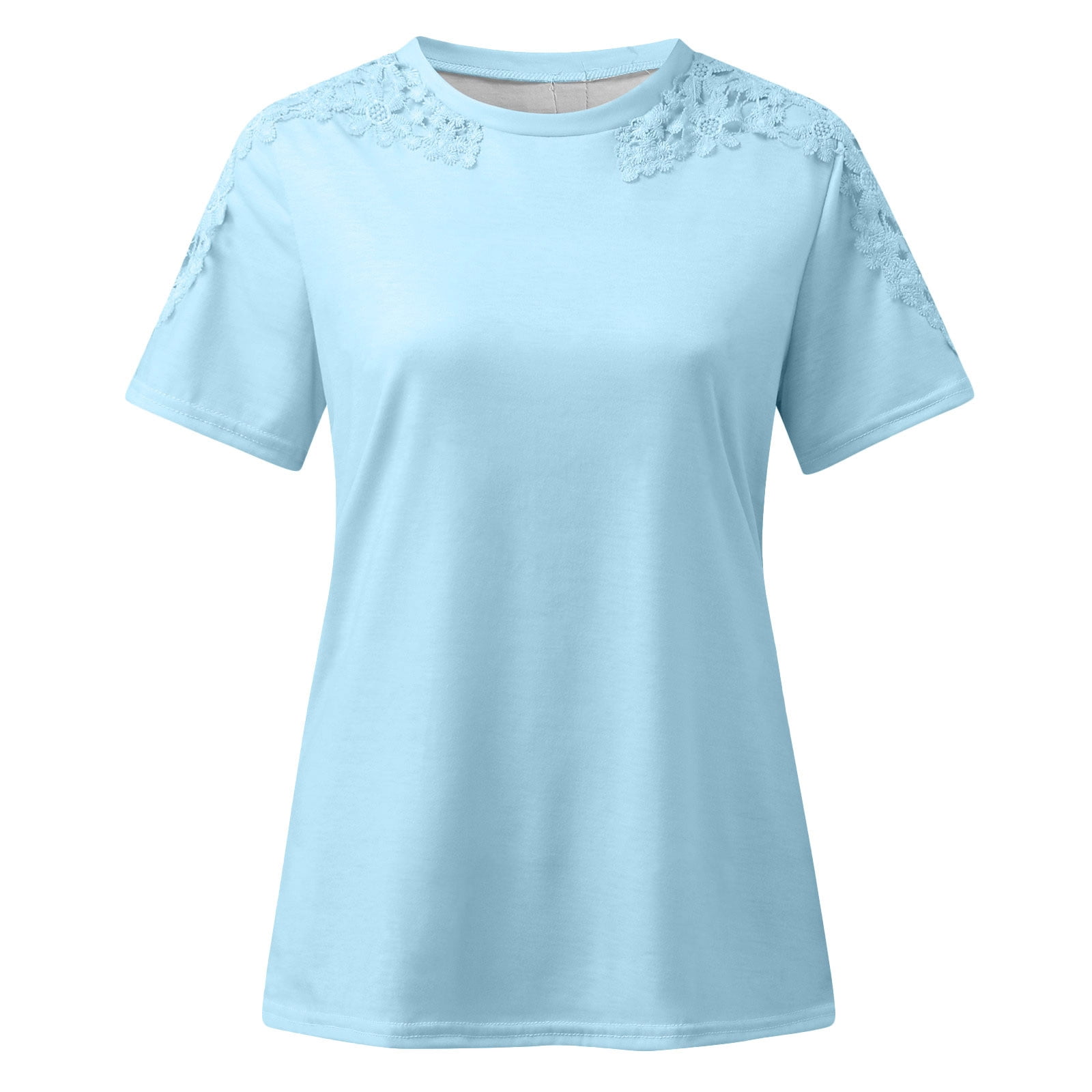 USSUMA Womens Summer Tops Loose Patchwork T-Shirts for Women Trendy Lace Floral Womens Blouses and Tops Dressy Short Sleeve Crewneck Tunic Plus Size Shirts for Women